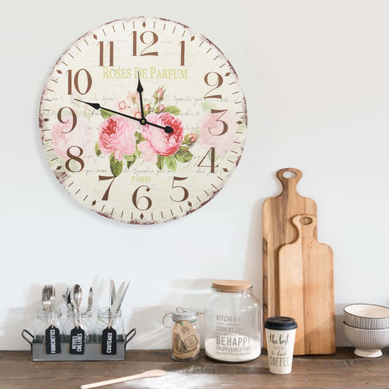 Ceas de perete vintage, 60 cm, floare, cu aspect retro - WOODBB1293