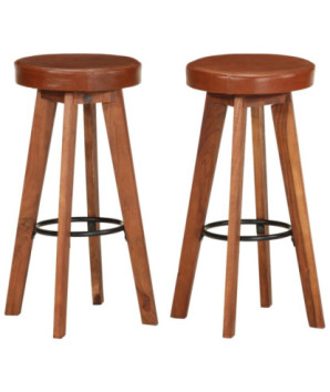 Scaune de bar, 2 buc., piele naturală & lemn masiv de acacia, cu aspect rustic - WOODBB1305