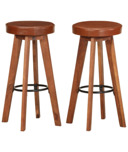 Scaune de bar, 2 buc., piele naturală & lemn masiv de acacia, cu aspect rustic - WOODBB1305