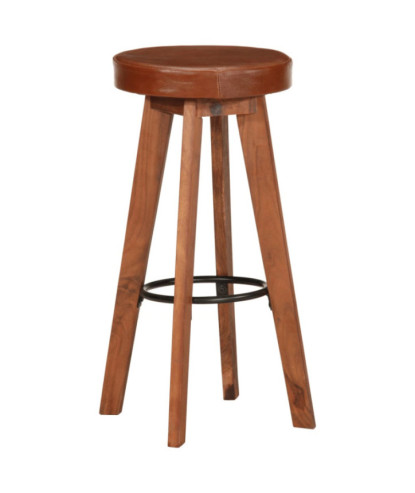 Scaune de bar, 2 buc., piele naturală & lemn masiv de acacia, cu aspect rustic - WOODBB1305