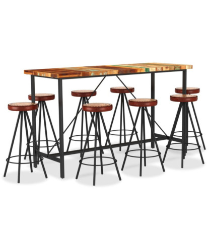 Set de bar 9 piese lemn reciclat piele naturală și pânză, cu aspect industrial - WOODBB149