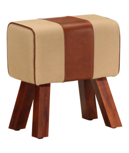 Bancă Bok gimnastică maro 38 cm piele naturală/lemn masiv mango, cu aspect vintage - WOODBB1323