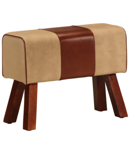 Bancă Bok gimnastică maro 58cm piele naturală/lemn masiv mango, cu aspect vintage - WOODBB1324