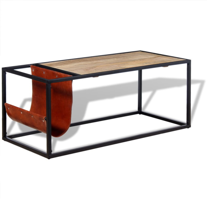 Masuță cafea cu suport reviste din piele naturală, 110x50x45 cm, cu aspect industrial - WOODBB1331