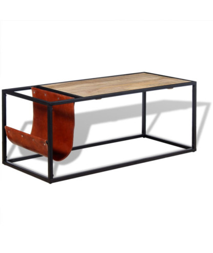 Masuță cafea cu suport reviste din piele naturală, 110x50x45 cm, cu aspect industrial - WOODBB1331