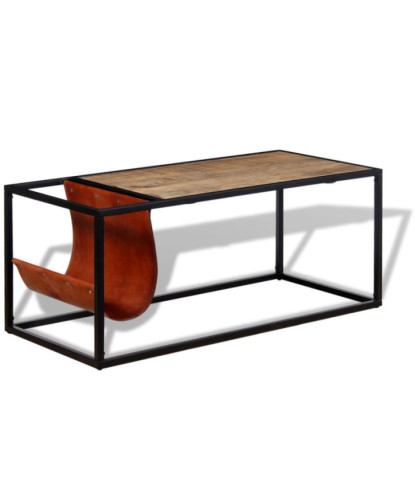 Masuță cafea cu suport reviste din piele naturală, 110x50x45 cm, cu aspect industrial - WOODBB1331