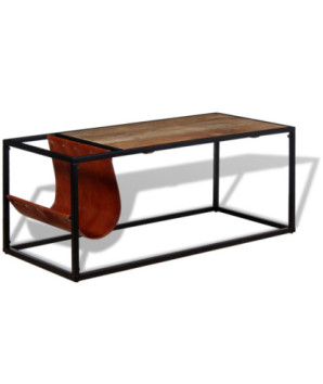 Masuță cafea cu suport reviste din piele naturală, 110x50x45 cm, cu aspect industrial - WOODBB1331