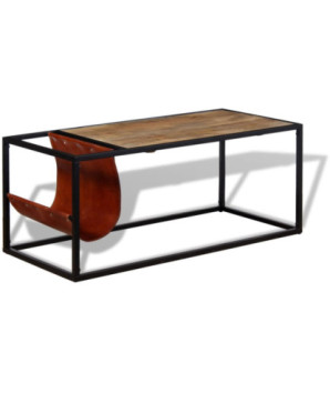 Masuță cafea cu suport reviste din piele naturală, 110x50x45 cm, cu aspect industrial - WOODBB1331