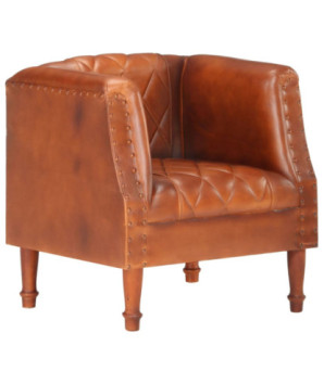 Fotoliu spătar rotund, maro, piele naturală de capră, cu aspect vintage - WOODBB1371