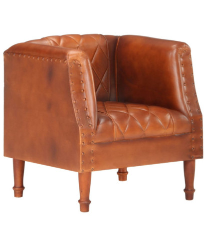 Fotoliu spătar rotund, maro, piele naturală de capră, cu aspect vintage - WOODBB1371