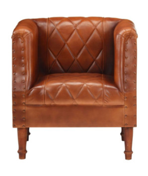Fotoliu spătar rotund, maro, piele naturală de capră, cu aspect vintage - WOODBB1371