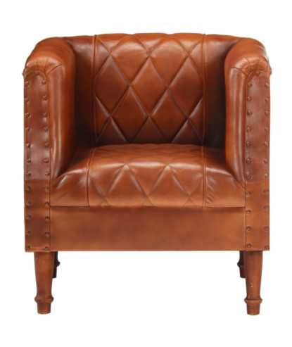 Fotoliu spătar rotund, maro, piele naturală de capră, cu aspect vintage - WOODBB1371