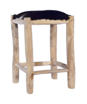 Taburet de bar, piele naturală și lemn masiv de tec , cu aspect rustic - WOODBB1372