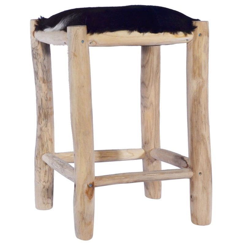 Taburet de bar, piele naturală și lemn masiv de tec , cu aspect rustic - WOODBB1372 Taburet de bar, piele naturală și lemn masiv de tec , cu aspect rustic - WOODBB1372