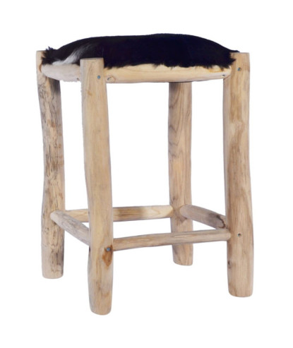 Taburet de bar, piele naturală și lemn masiv de tec , cu aspect rustic - WOODBB1372