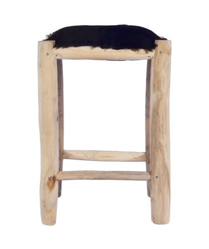 Taburet de bar, piele naturală și lemn masiv de tec , cu aspect rustic - WOODBB1372