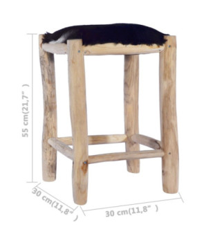 Taburet de bar, piele naturală și lemn masiv de tec , cu aspect rustic - WOODBB1372