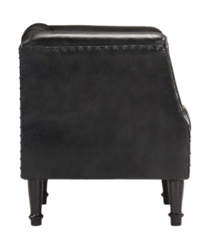 Fotoliu spătar rotund, negru, piele naturală de capră, cu aspect vintage - WOODBB1428