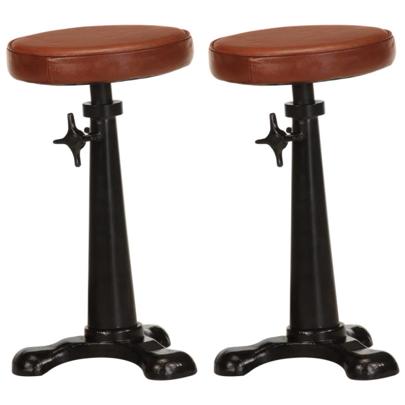 Scaune de bar, 2 buc., maro, piele naturală și fontă - WOODBB1430 Scaune de bar, 2 buc., maro, piele naturală și fontă - WOODBB1430