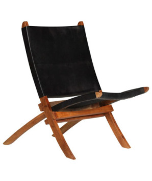 Scaun relaxant pliant, negru, piele naturală, cu aspect rustic - WOODBB1438