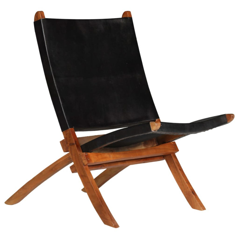 Scaun relaxant pliant, negru, piele naturală, cu aspect rustic - WOODBB1438 Scaun relaxant pliant, negru, piele naturală, cu aspect rustic - WOODBB1438