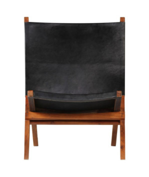Scaun relaxant pliant, negru, piele naturală, cu aspect rustic - WOODBB1438