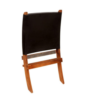 Scaun relaxant pliant, negru, piele naturală, cu aspect rustic - WOODBB1438