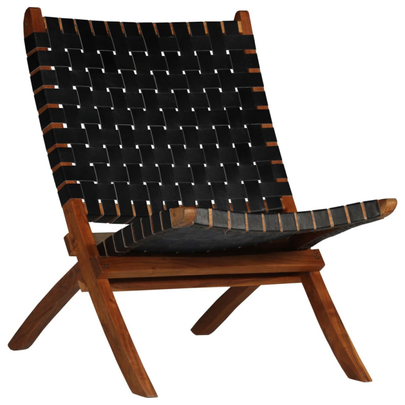 Scaun pliant împletit, negru, piele naturală, cu aspect rustic - WOODBB1443 Scaun pliant împletit, negru, piele naturală, cu aspect rustic - WOODBB1443