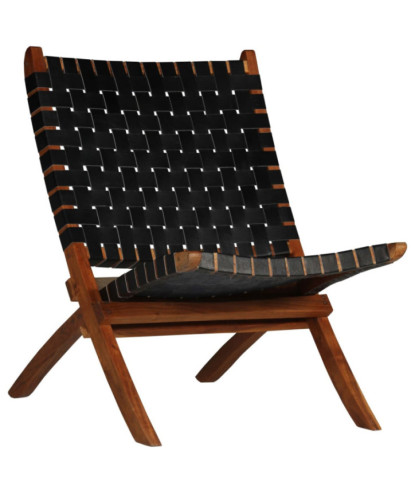 Scaun pliant împletit, negru, piele naturală, cu aspect rustic - WOODBB1443