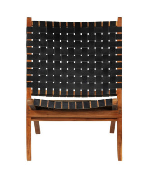 Scaun pliant împletit, negru, piele naturală, cu aspect rustic - WOODBB1443