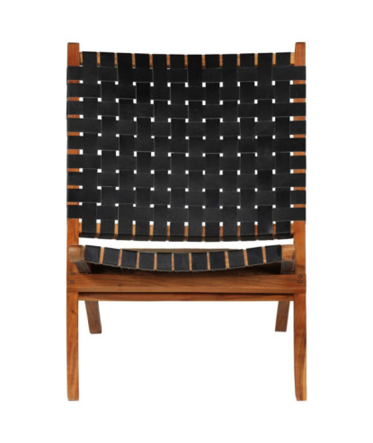 Scaun pliant împletit, negru, piele naturală, cu aspect rustic - WOODBB1443