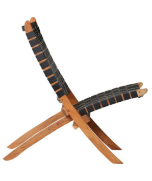 Scaun pliant împletit, negru, piele naturală, cu aspect rustic - WOODBB1443