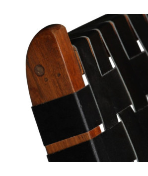 Scaun pliant împletit, negru, piele naturală, cu aspect rustic - WOODBB1443