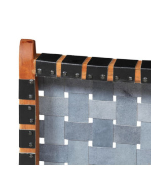 Scaun pliant împletit, negru, piele naturală, cu aspect rustic - WOODBB1443