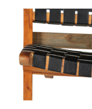 Scaun pliant împletit, negru, piele naturală, cu aspect rustic - WOODBB1443