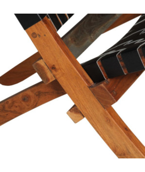 Scaun pliant împletit, negru, piele naturală, cu aspect rustic - WOODBB1443
