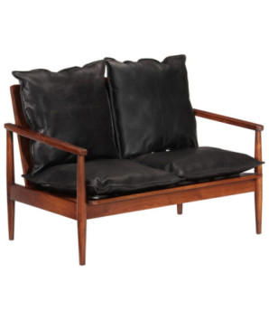 Canapea cu 2 locuri, negru, piele naturală & lemn masiv acacia , cu aspect retro - WOODBB1449