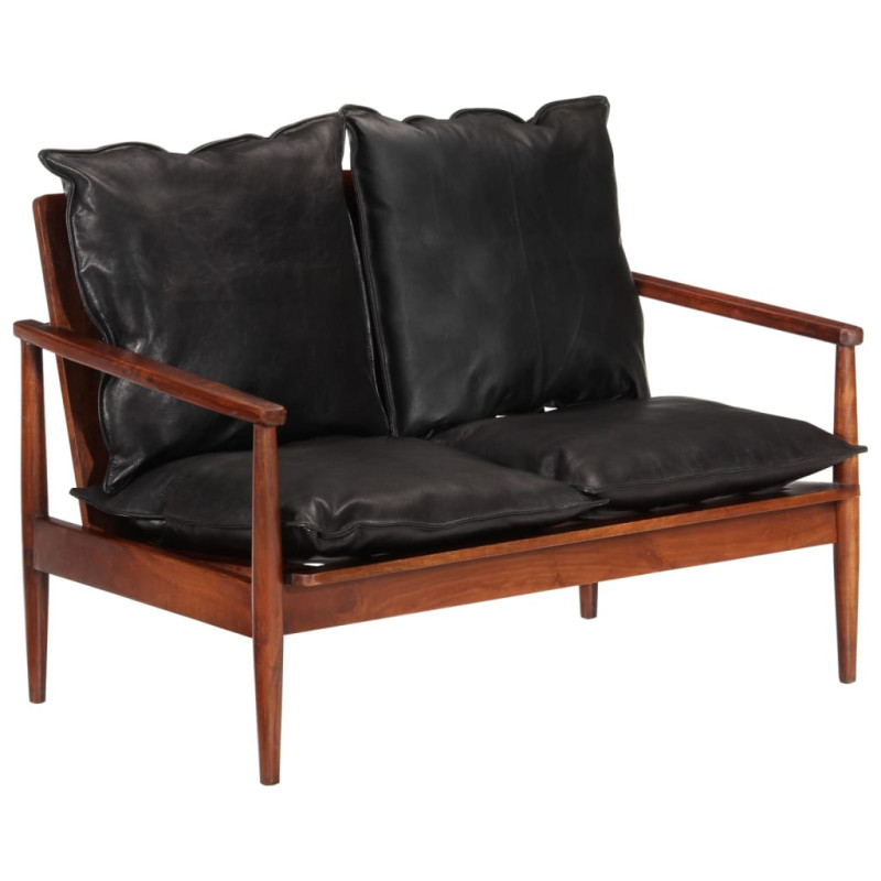 Canapea cu 2 locuri, negru, piele naturală & lemn masiv acacia , cu aspect retro - WOODBB1449 Canapea cu 2 locuri, negru, piele naturală & lemn masiv acacia , cu aspect retro - WOODBB1449