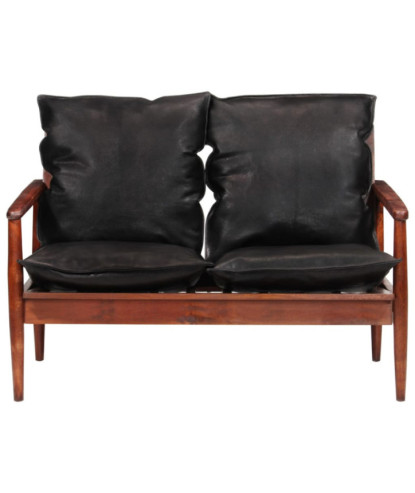 Canapea cu 2 locuri, negru, piele naturală & lemn masiv acacia , cu aspect retro - WOODBB1449