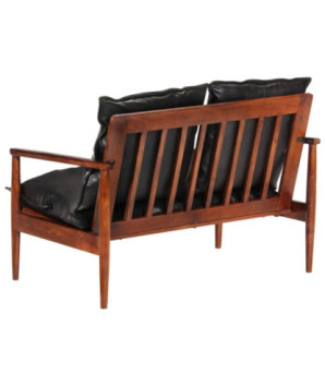 Canapea cu 2 locuri, negru, piele naturală & lemn masiv acacia , cu aspect retro - WOODBB1449