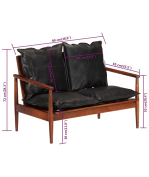 Canapea cu 2 locuri, negru, piele naturală & lemn masiv acacia , cu aspect retro - WOODBB1449