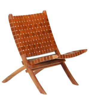 Scaun pliant împletit, maro, piele naturală, cu aspect rustic - WOODBB1461