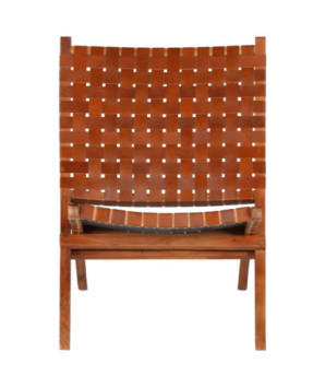 Scaun pliant împletit, maro, piele naturală, cu aspect rustic - WOODBB1461