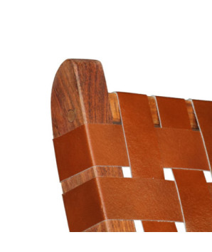 Scaun pliant împletit, maro, piele naturală, cu aspect rustic - WOODBB1461
