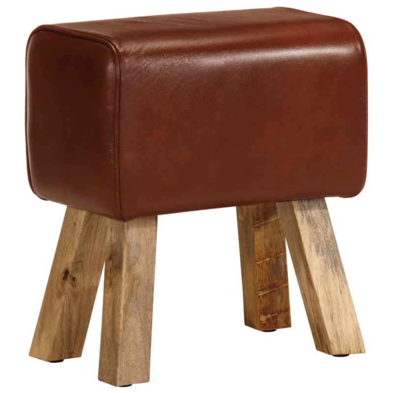 Bancă Bok gimnastică maro 38 cm piele naturală/lemn masiv mango, cu aspect vintage - WOODBB1468