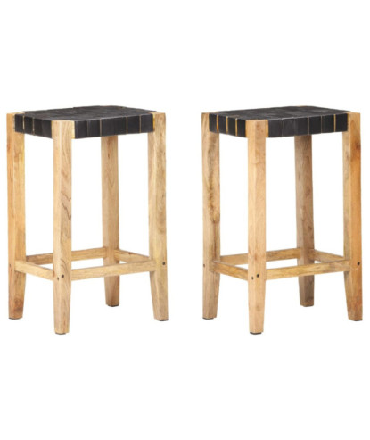 Scaune de bar, 2 buc., negru, piele naturală, 75 cm - WOODBB1487