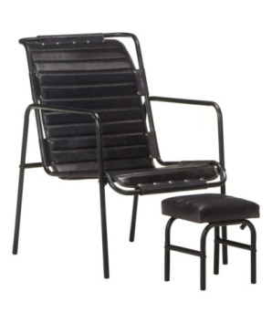 Fotoliu de relaxare cu suport picioare, negru, piele naturală, cu aspect vintage - WOODBB1489
