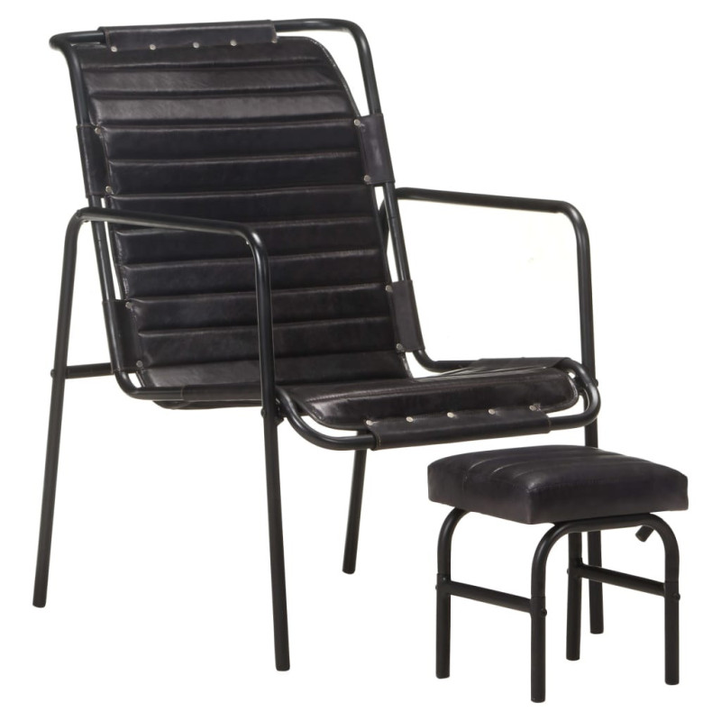 Fotoliu de relaxare cu suport picioare, negru, piele naturală, cu aspect vintage - WOODBB1489 Fotoliu de relaxare cu suport picioare, negru, piele naturală, cu aspect vintage - WOODBB1489