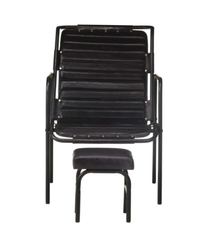 Fotoliu de relaxare cu suport picioare, negru, piele naturală, cu aspect vintage - WOODBB1489