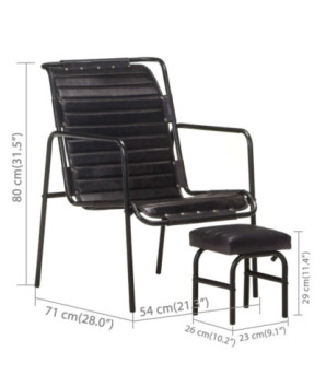 Fotoliu de relaxare cu suport picioare, negru, piele naturală, cu aspect vintage - WOODBB1489